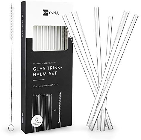 HEYNNA® 6 cannucce in vetro borosilicato con spazzola per la pulizia - cannucce riutilizzabili durevoli e senza plastica - lunghezza 20cm e diametro 8mm - testate secondo gli standard LFGB