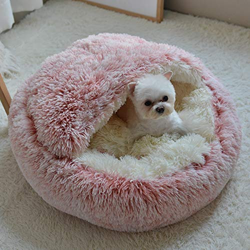 GGoty Weiches Katzenbett mit Höhle, 2-in-1 Plüsch-Höhle, geschlossenes Hundebett mit Dach, halb bedeckter Schlafsack für Katzen, Welpen, Kaninchen (M,Pink)