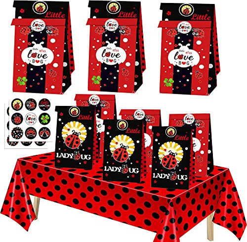 Partytüten mit Marienkäfer-Motiv, 30 Stück, mit 2 Tischdecken, rot und schwarz gepunktet, Tischdecke und Süßigkeitenschachteln aus Papier für Geburtstagsparty, Dekoration, Zubehör