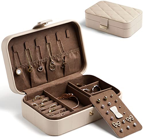 KAMIER Reise Schmuckkästchen für Damen, Schmuckaufbewahrung für Ohrringe, Ring, Halskette, klein Schmuckschatulle für Frauen, Mädchen, Ehefrau, Geschenk, Beige