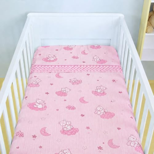 Corredocasa Completo Lenzuola Neonato per Culla - Set di Lenzuola Stampato Sotto Sopra e Federa con Disegni Assortiti Made in Italy, Disponibile in Cotone e Flanella (Rosa, Cotone)