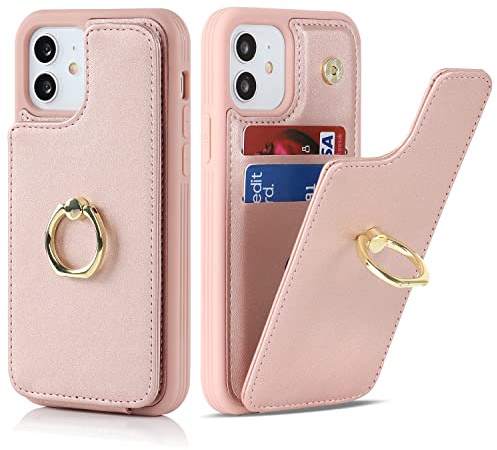 Cavor iPhone 12/12 Pro Case With Card Holder,iPhone 12/12 Pro Phone Case,Flip Folio Leather Wallet Case,Magnetic Ring Kickstand Shockproof Cover Case for iPhone 12/12 Pro - Rose gold
