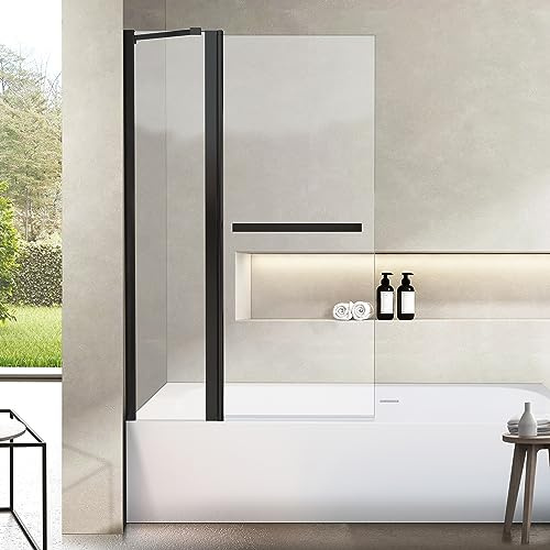 Bathroom Pivot Tub Glass Door 36 W*55 H, Folding Bathtub Shower Door Screen with Tempered Glass, Frameless Glass Shower Door with Handle and Support Rod in Matte Black