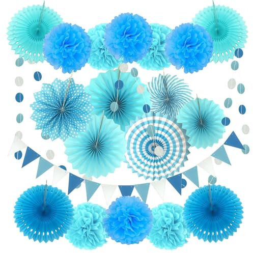 Blau Party Dekoration Papier - Pompoms, Aufhängen Fächer, Dreieckige Wimpel und hängende Glitter Punkt Papier Girlande für Party Hochzeit Geburtstag Graduierung Deko Weihnachten Karneval 20 Stück