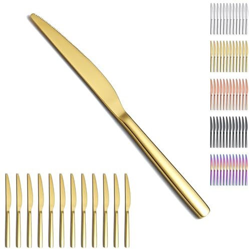 Evanda Gold Tafelmesser Set 12 Stück, Titanium Plating Gold Edelstahl Abendessen messer Steakmesser, Besteck Buttermesser Messer Set Silberbesteck Set, spülmaschinenfest