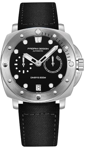Pagani Design Herrenuhr Automatik Saphirglas Edelstahlgehäuse Nylonband Sport Militäruhr 200 Meter Wasserdicht Modell 1767 (LQ-Silber Schwarz)