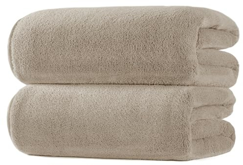 POLYTE Plush Microfibre Oversize Quick Dry Lint Free Bath Towel, 76 x 152 cm, Pack of 2 (Beige, Coral Fleece)