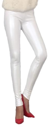 Pohullan Pantalones de poliuretano para mujer, cintura alta, cálidos, delgados, de piel sintética, suaves, elásticos, sin costuras, blanco, XXXXL