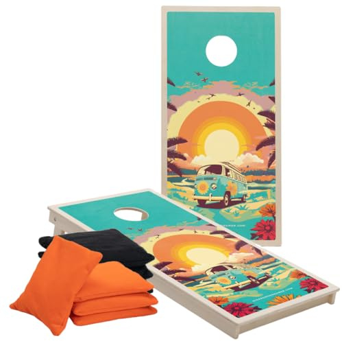Cornhole Set – 120 x 60 cm – Wicked Wood – Hippy Design – UV-tryck Direkt på Trä (100%) – Officiell ACL-rekommendation – Inkluderar 2 x 4 Påsar – För Inomhus & Utomhus
