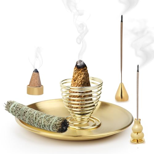 5 en 1 Porta Incienso,Soportes de Incienso de Latón con Recogedor,Soporte para Quemador,Palo Santo Quemador,Cenizas con cenicero,Soporte Incienso Varilla Hogar,para Dormir,Hacer Yoga,Pensar,Decorar
