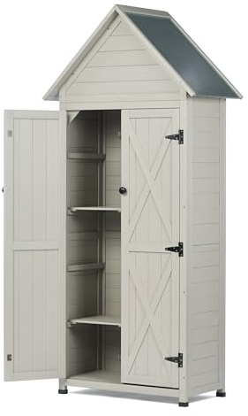 Outdoor Storage Shed with Floor & Adjustable Shelves, Wooden Garden Tool Cabinet Weatherproof, 71 Vertical Patio Organizer