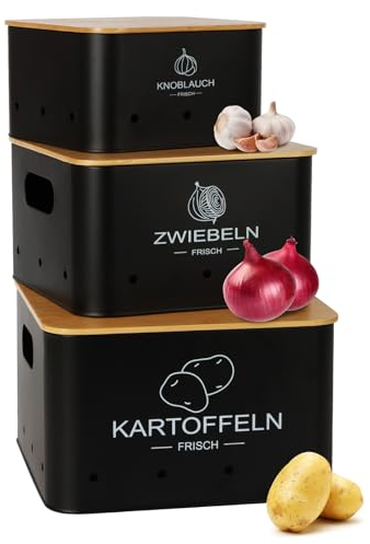 Avmvnvc Kartoffel Aufbewahrungsbox - 3er Set Kartoffel Aufbewahrung, Zwiebeltopf & Knoblauchtopf - Kartoffelbehälter Zwiebel Aufbewahrung - Hält Gemüse Länger Frisch (Schwarz, Quadratisch)