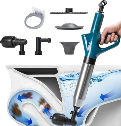 DkevEu Rohrreiniger Druckluft,Abflussreiniger Pumpe mit Luftdruckanzeige,Pressluft Rohrreinigungsspumpe mit 4 Saugnäpfen,Handschuhe und Krallengreifer Abflussreiniger,für WC,Toilette