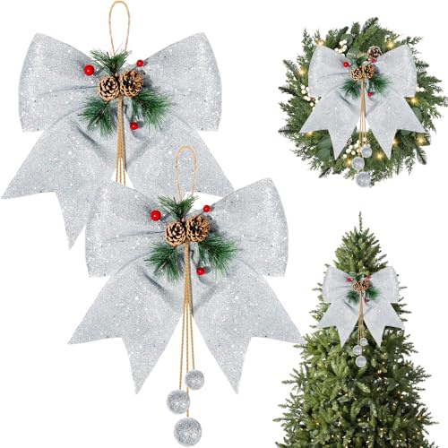 2 Pack Large Glitter Christmas Bows Silver,11.8inch Glitter Bows for Christmas Tree Decorations,Wreaths Bows,Sequin Bow Ties Tree Wreaths Ornament for Home Xmas Party