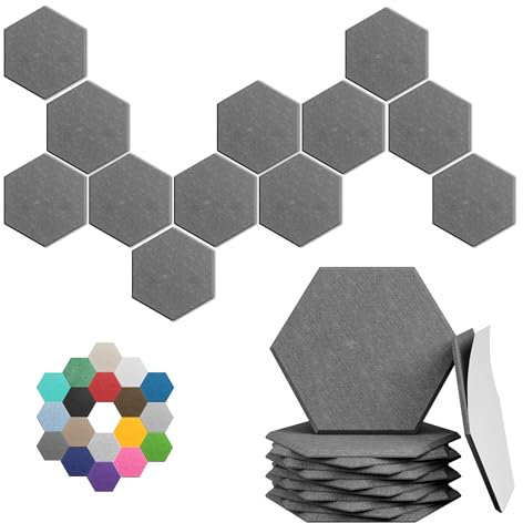 Sechseckige Akustikplatten, hochdichte, schallabsorbierende Paneele, 30,5 x 25,4 x 0,4 cm, für verbesserte Geräuschreduzierung, DIY-Design, ideal für Studios, Büros und Heimkino, Mondlichtgrau, 12