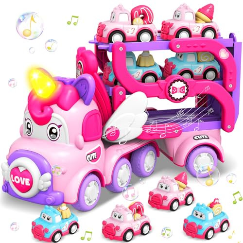 Pourbibi Auto Spielzeug ab 2 Jahre Mädchen, Autotransporter LKW Spielzeug mit Licht und Musik, Kinderspielzeug ab 1 2 3 4 5 Jahre - Geburtstag Ostergeschenke Weihnachten Einhorn Geschenke für Mädchen