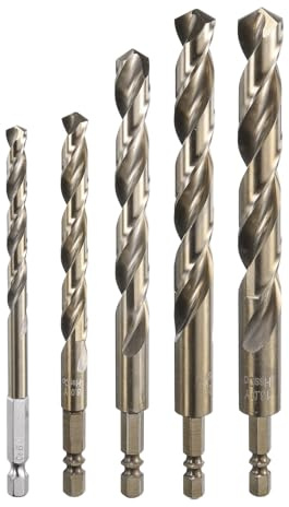 sourcing map M35 High Speed Steel Cobalt Twist Drill Bit Set 6/8/10/12/13mm with Quick Change 1/4 Hex Shank Jobber Drill Bit for Metal, Steel, Copper, Aluminum, Zinc Alloy