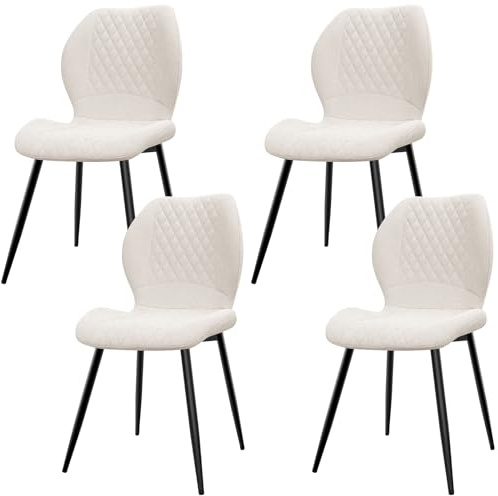 LEWE Leinen Esszimmerstühle 4er Set, Modernes Karomuster mit Metallbein, gepolstert, Armloser Küchenstuhl für Restaurant/Wohnzimmer/Schlafzimmer, [Beige]