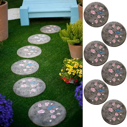 MEYINGOU Dekorativer Stein für den Garten, Wegfliesen, Trittstein mit 6 Pflaumenblütenmustern for den Außenbereich, Stabiler Fußstein for den Gartenweg