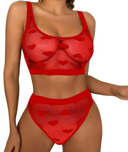 PARUPRUP Women's Sexy Lingerie Set 2 Pieces Sheer Mesh Love Heart Print Bra Panty Underwear See Through Naughty Babydoll Lingerie (Red, M)