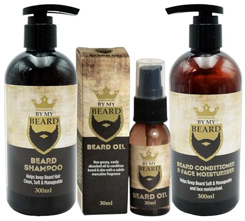 By My Beard Grooming Kit | Beard Shampoo 300ml, Conditioner & Face Moisturiser 300ml, Beard Oil 30ml | Cleanses, Softens & Nourishes Beard & Skin