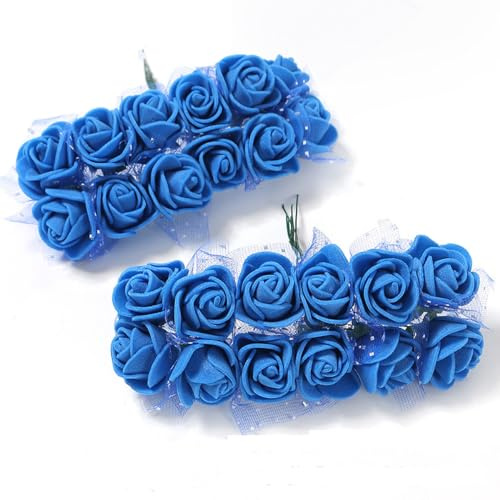 Anevous 24 Stück Künstliche Schaumrosen mit Stiel, 2cm Kunstrosen Blumenköpfe, Deko Blumen Schaum Rosenstrauß, Kunstblumen Rosen Basteln für Basteln Party Hochzeit Brautstrauß,Blau