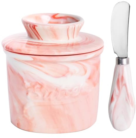 MSJGA Ceramic Butter Crock with Lid & Spreader Knife, Butter Keeper - Ideal Butter Storage & Countertop Butter Dish (Marble Pink with Marble Pink Knife, M)
