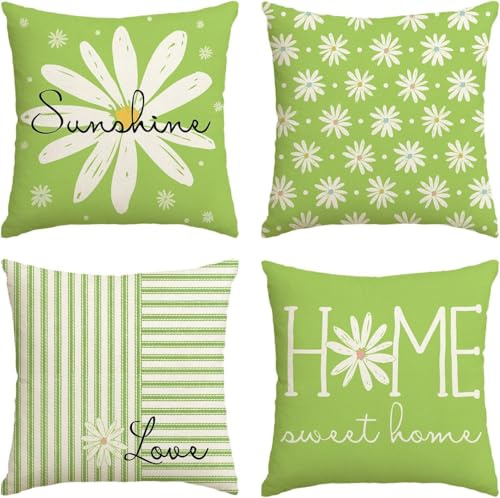 Hopomoon Juego de fundas de almohada florales verdes 45x45 cm, poliéster duradero con estampado botánico y crisantemo para sofá y coche, decoración de primavera