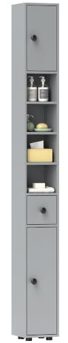 kleankin 180cm Tall Bathroom Cabinet, Slim, 4 Open Shelves, Grey | Slim Bathroom Storage Cabinet, 2 Door Cupboards, Adjustable Shelves, Narrow Tall Storage Unit