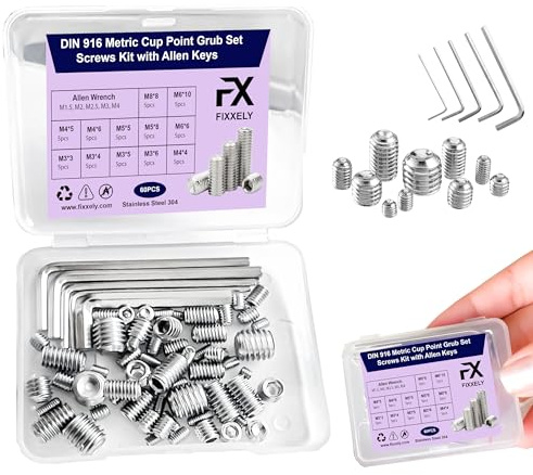 Fixxely Grub Screws Assorted Kit – 60PCS Stainless Steel 304 Set | M3, M4, M5, M6, M8 Hex Headless Screws with Allen Key | Door Handle Repair & Bathroom Fixtures (Silver)