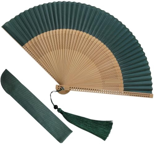 GFM® Bamboo Silk Handheld Folding Chinese Hand Fans Wood Wooden Fan for Summer, Wedding, Party Favour etc (MR-C) (F78-Green-Long Tassel)(FLSLK-F78-GHR-TR-hr)