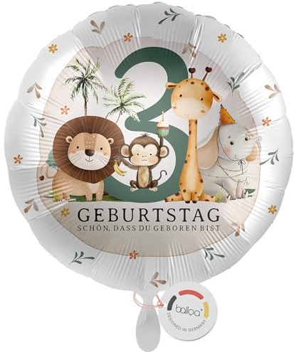 balloa Folienballon Safari Tiere Motiv Löwe Giraffe Affe Elefant, Geschenk zum 3. Geburtstag für Kinder, Helium geeignet Luftballon Partydeko, Deko Idee für Mädchen Jungen Geburtstagsdekoration, 33cm