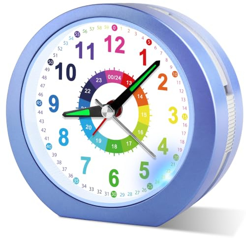 DTKID Wecker Kinder, Kinderwecker Ohne Ticken mit Snooze und Nachtlicht, Analoger Wecker für Jungen und Mädchen, Lernwecker Kinder, Batteriebetrieben (Azurblau)
