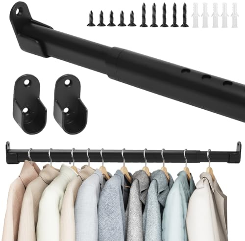 LOMUG Kleiderstange für Schrank, Kleiderstange Ausziehbar Oval, Teleskop Kleiderstangen mit 2 Halterung, Garderobenstange für Kleiderschrank Wand Fenster Innen, Schwarz, 42-70cm
