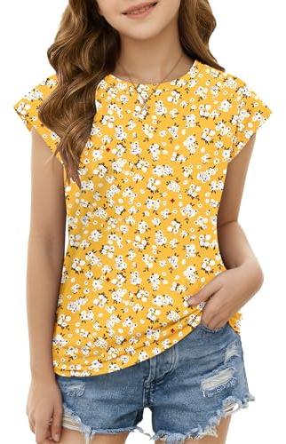 Girls Cute Short Cap Sleeve T Shirts Teen Casual Kids Summer Clothes Crewneck Tee Top 5-14 Years Yellow Flower XS