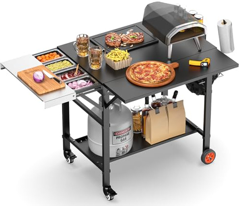 Mesa de horno de pizza para hornos de pizza Ooni, mesa de carrito de parrilla con estación de cobertura, soportes de pizza con ruedas, accesorios expansivos para horno de pizza para fiestas