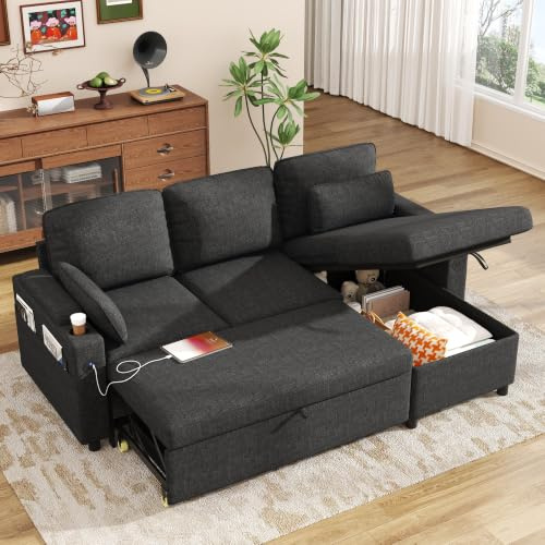 DURASPACE Schlafsofa Ausziehbarer 2 in 1 Sektional Schlafsofa Couches | Mit Lagerung, USB, Cup Holder, Pullout Sektional Couches für Wohnung Wohnzimmer (Dunkelgrau)