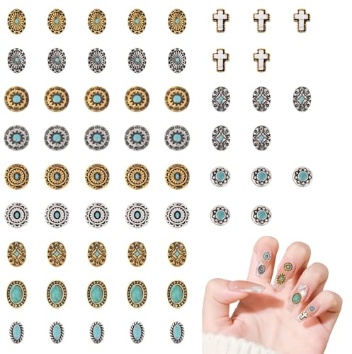 60pcs Breloques d'Ongles Turquoise, 3D Décor Pierres Précieuses Métalliques Vintage Décorations Nail Art Western Cowboy Accessoires pour Acrylique Gel DIY Manucure (12 Styles)
