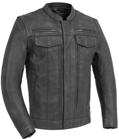 First Mfg Co - Raider - Men's Motorcycle Biker Riding Black Leather Jacket Action Back Armor Pockets Gussets Sun glasses slit Vented (Black - Large)