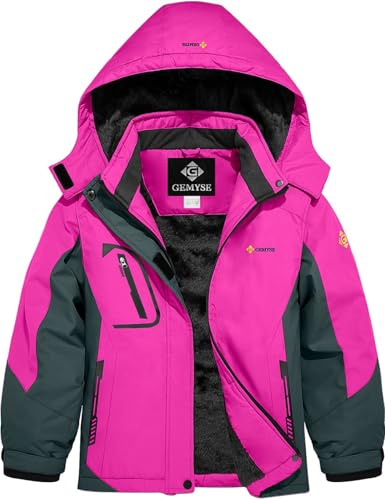 GEMYSE Girl's Waterproof Ski Snow Jacket Fleece Windproof Winter Jacket with Hood (Rose Red Grey,6/7)