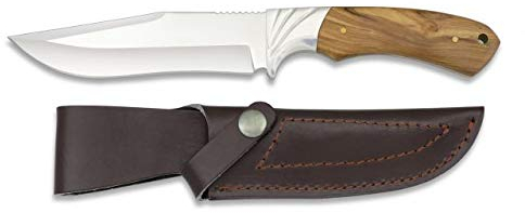 ALBAINOX- 32358. Cuchillo de Caza Albainox. Mango de Olivo. Funda de Piel. Herramienta para Caza, Pesca, Camping, Outdoor, Supervivencia y Bushcraft