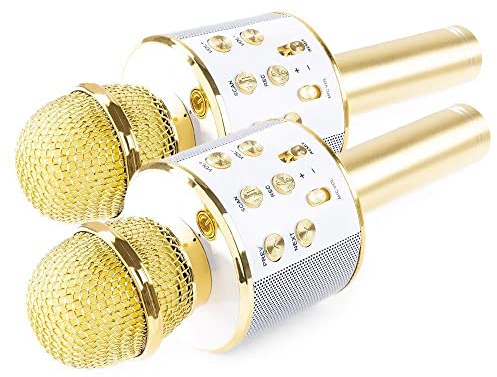 MAX KM01 2X kabellose Karaoke-Mikrofone für Kinder mit u. a. Bluetooth, eingebauten Lautsprechern, Micro-SD, USB, Stimmverzerrer - 2X goldfarben