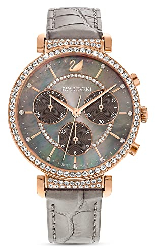 Swarovski Passage Chrono Orologio, con Cristalli Swarovski e Cinturino in Pelle, Placcato in Tonalità Oro Rosa, Meccanismo al Quarzo, Grigio