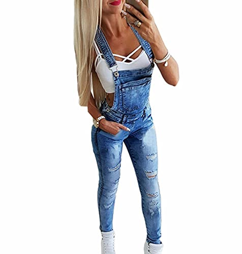 Suncolour Salopette da Donna Skinny Fit in Denim Elasticizzato con Bretelle da Donna, Salopette da Donna, Jeans Strappati