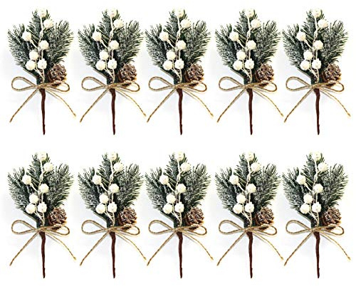 Yumfoz Künstliche rote Beerenzweige, 10 Stück, 15,2 cm, Weihnachtsspieße, künstliche Tannenzapfen, Stechpalmenstiele, Handwerk, Winterurlaub, Blumenplektren zum Basteln, Weihnachtsbaumschmuck, Weiß