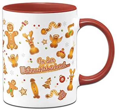 Tassenbrennerei Original Wimmelbild Tasse mit Spruch In der Weihnachtsbäckerei - Weihnachtstasse, Kaffeetasse lustig (Rot)