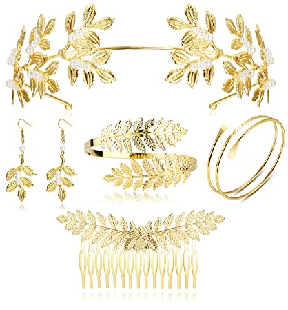 ORAZIO 5 Piezas Juego de Accesorios de Diosa Griega para Mujer, Diadema de Diosa Griega, Tocado Diosa Griega Corona Hojas de Oro Romano, Juegos de Brazalete de Brazo Superior, Peinetas para El Pelo