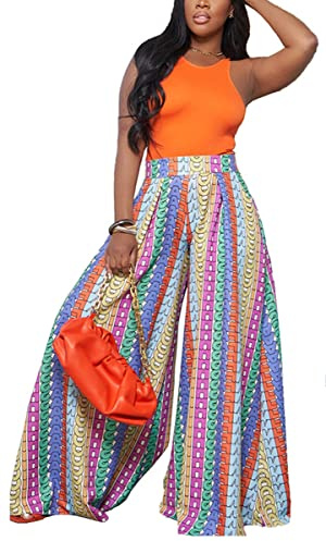 BFFBABY Womens Casual Palazzo Pants High Waist Printed Ruched Loose Flowy Lounge Wide Leg Pants (M-3XL)