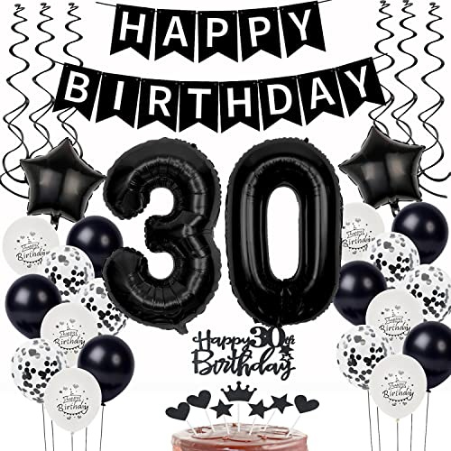 Schwarz Weiß Luftballons 30. Geburtstag Dekoration,Geburtstagsdeko 30 Jahre mann frauen Tortendeko 30 Geburtstag Ballons 30. mann Happy Birthday 30 Jahre männer deko 30
