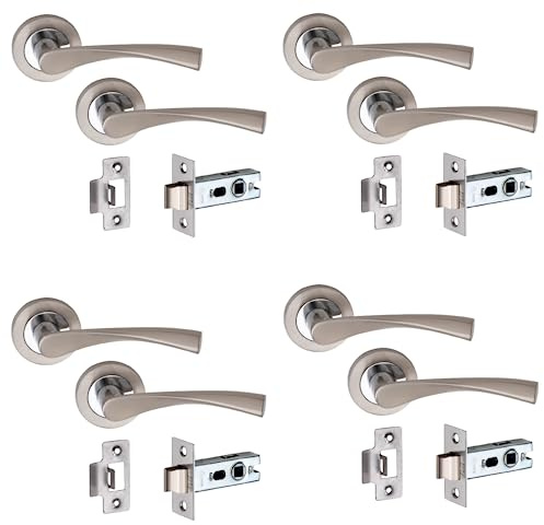 Golden Grace Astrid Door Handles, Duo Finish Satin Nickel Polished Chrome | Includes a 2.5 inch tubular latch, screws, and strike plate to easily reinforce door security with a tidy concealed look